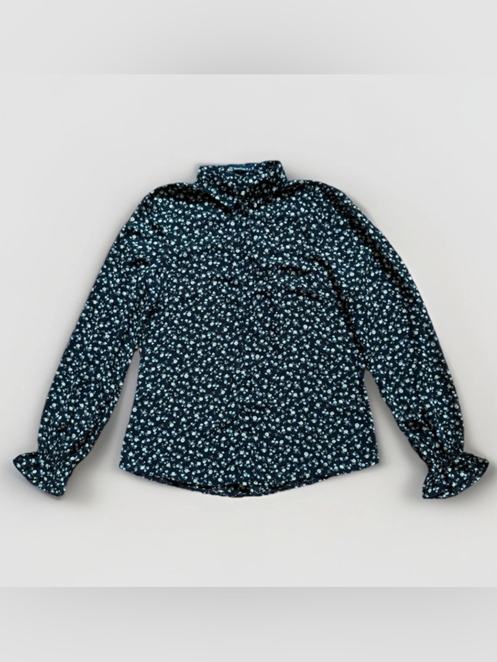 Women Sz S Black Floral See-through Collar Ruched Long Sleeve Blouse Chiffon New